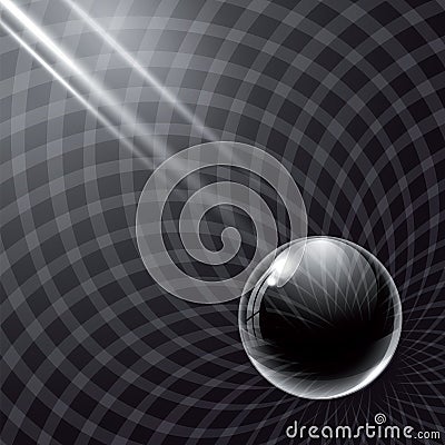 Black glass ball and rays of light. Vector Illustration