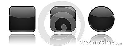 Black glass 3d buttons. Round and square icons Vector Illustration