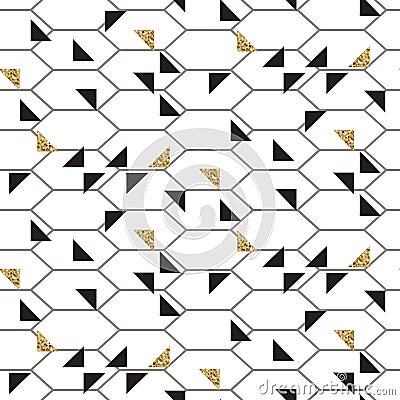 Black and glitter gold triangles mesh seamless vector pattern. Vector Illustration