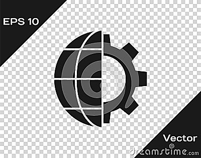 Black Globe of the Earth and gear or cog icon isolated on transparent background. Setting parameters. Global Options Vector Illustration