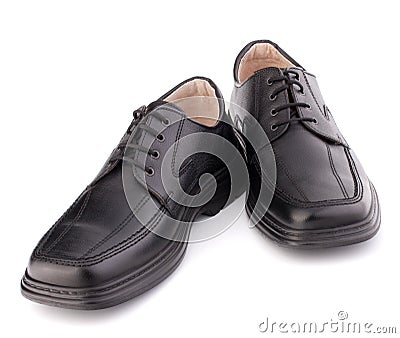 Black glossy manâ€™s shoes with shoelaces Stock Photo