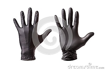 Black gloves worn on the hands, the outer and inner sides of the hands Stock Photo