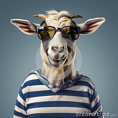 Funny Goat Wearing Sunglasses On Striped Shirt - Zbrush Style Portrait Stock Photo