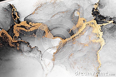 Black gold abstract background of marble liquid ink art painting on paper . Stock Photo