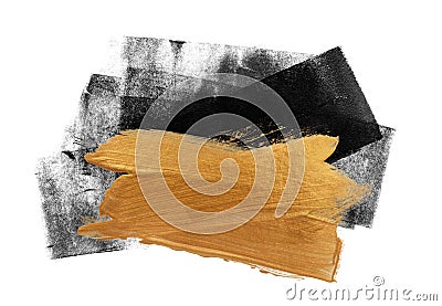 Black and Gold Abstract color brushstroke smear acrylic and watercolor blot painting. Monotype texture stain Isolated on white Stock Photo