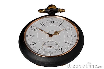 Black with gold antique pocket watch lying on white isolated background. Retro pocketwatch with second, minute, hour Stock Photo