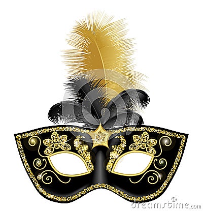 Black gold carnival mask withblack gold feathers Vector Illustration