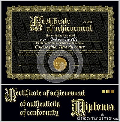 Black and gold certificate. Template. Horizontal. Vector Illustration