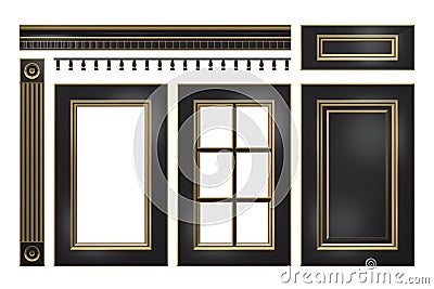 Black with gold door, drawer, column, cornice for kitchen cabinet isolated on white Stock Photo