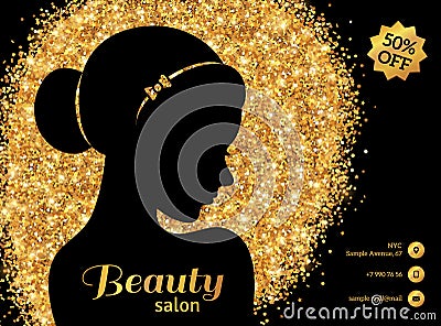 Black and Gold Fashion Woman with Hair Bun. Vector Illustration