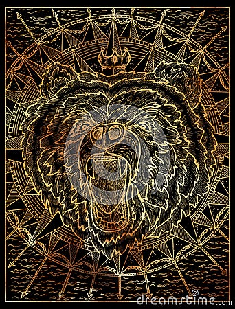 Black and gold illustration of emblem with head of bear against background of compass and sea Cartoon Illustration