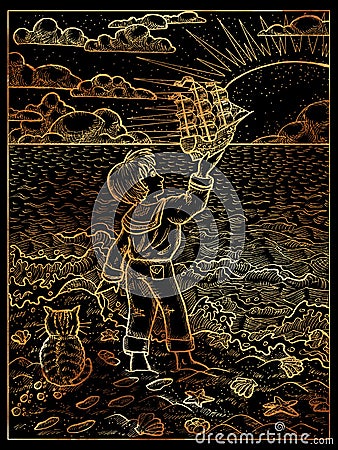 Black and gold illustration of little boy standing on a seashore and holding handmade sailboat against rising sun Cartoon Illustration