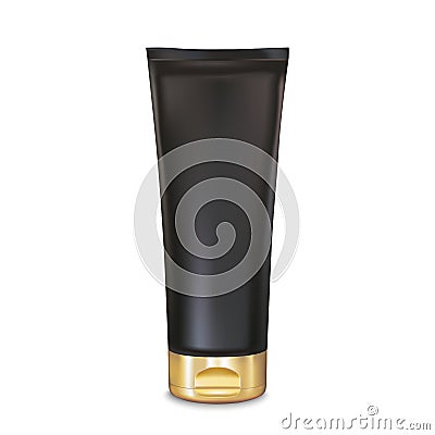 Black and gold makeup cream tube template. Cosmetics product mock-up. 3d Vector illustration for cream, soaps, foams Vector Illustration