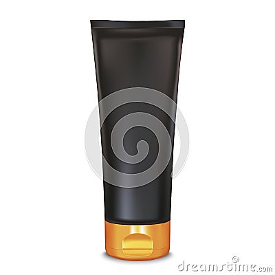 Black and gold makeup cream tube template. Cosmetics product mock-up. 3d Vector illustration for cream, soaps, foams Vector Illustration