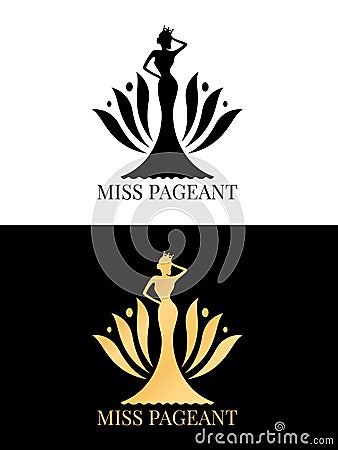 Black and gold Miss pageant logo sign with Beauty queen wear a crown and flower backdrop vector design Vector Illustration