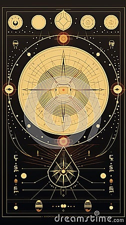 a black and gold poster with an image of planets and stars Stock Photo