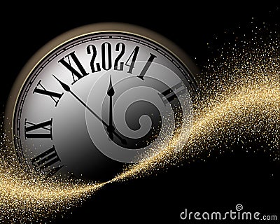 Black and gold shiny 2024 New Year banner with blurred round clock and golden sand Vector Illustration