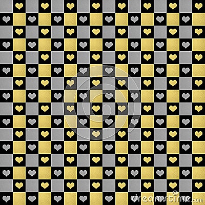 Black, gold & silver hearts pattern seamless background Stock Photo