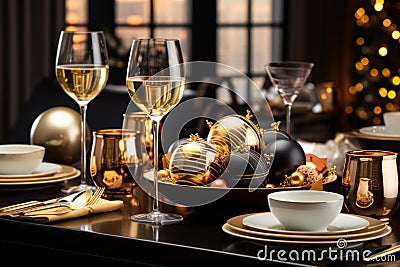 A black and gold-themed brunch table with minimalistic tableware, champagne flutes, and holiday treats, perfect for a Stock Photo