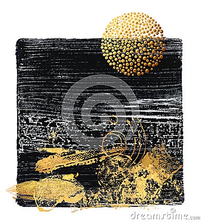 Black, gold and white square. Abstract color acrylic and watercolor painting. Monoprint template. Canvas vintage grunge texture Stock Photo