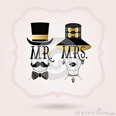 Black and golden abstract elegant Mr. Male & Mrs. Female icons Vector Illustration