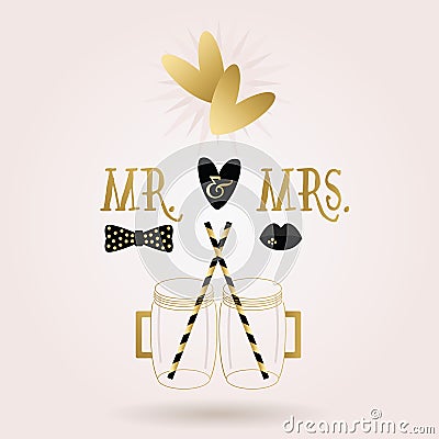 Black and golden abstract Mr. & Mrs. mug jars, straw, and hearts icons Vector Illustration