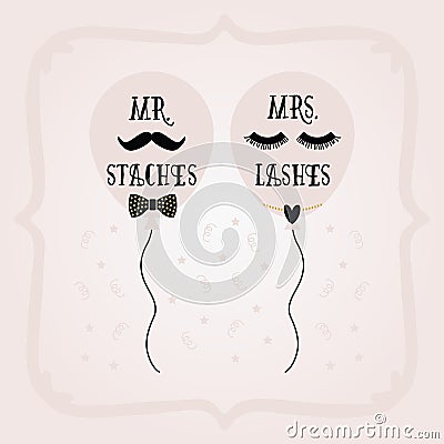 Black and golden abstract Mrs. Lashes and Mr. Staches balloons and frame wedding card on pink Vector Illustration