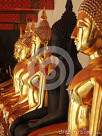 Black among golden Buddhas Stock Photo