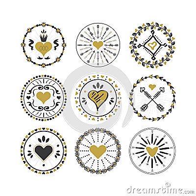 Black and golden circle hearts emblems and stamps set Vector Illustration