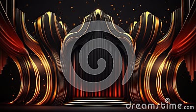 Black Golden Curtain Stage Award Background. Trophy on Red Carpet Luxury Background. Generative ai Stock Photo