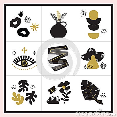 Black and golden cute abstract random design elements icons set wall frame on white Vector Illustration