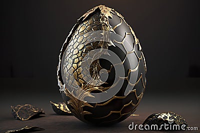 Black and golden fossilized dragon egg isolated on black background Cartoon Illustration