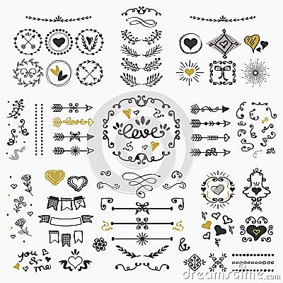 Black and golden hand drawn design elements set on white background Vector Illustration