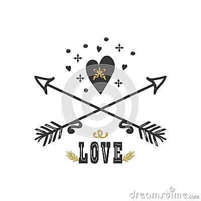 Black and golden heart and crossed arrows icons on white background Vector Illustration