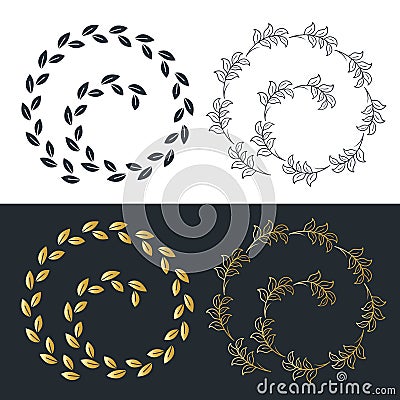 Black golden rounded elements with leaf, labels for brand. Design for bio, nature, cosmetics or alternate medicine products. Vector Illustration