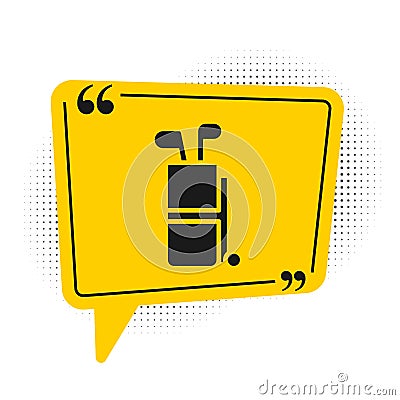 Black Golf bag with clubs icon isolated on white background. Yellow speech bubble symbol. Vector Vector Illustration