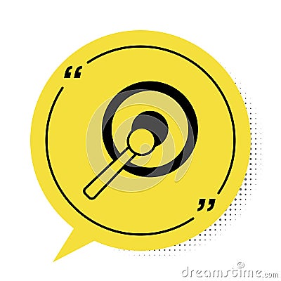 Black Gong musical percussion instrument circular metal disc and hammer icon isolated on white background. Yellow speech Vector Illustration