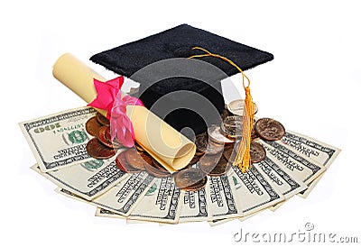 Black Graduation Cap and Degree with Money Stock Photo