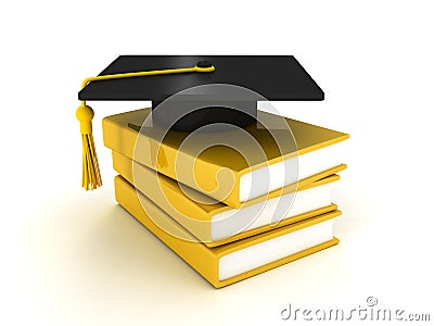 Black graduation cap on pile of books over white Stock Photo