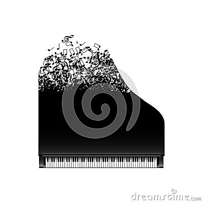 Black grand piano with flying notes, top view Vector Illustration