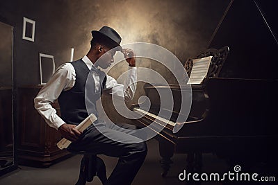 Black grand piano player, jazz musician Stock Photo