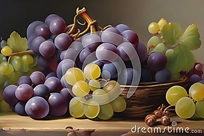 Black Grapes Bunch Watercolor Painting. generative AI Stock Photo