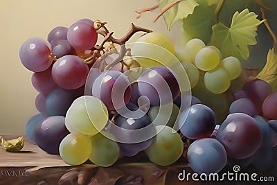 Black Grapes Bunch Watercolor Painting. generative AI Stock Photo