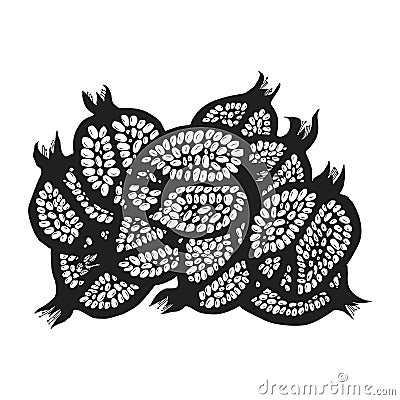 Graphically stylized garnet pomegranate ornament of ten tasty fruits. Original monochrome vector illustration on white background. Vector Illustration