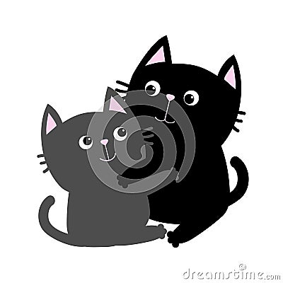 Black Gray Cat hugging family couple. Hug, embrace, cuddle. Happy Valentines day Greeting card. Cute funny cartoon character. Kitt Vector Illustration