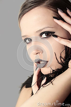 Black gray glam matte manicure and makeup. Stock Photo