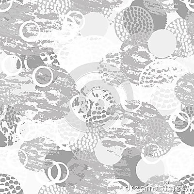 Black, gray and white grunge abstract seamless pattern with circles, rings, different brush strokes and shapes. Vector Illustration
