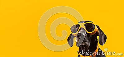 Black Great Dane Dog Wearing Eyeglasses standing against Yellow Wall. Happiness Orange Tone. AI generative Stock Photo