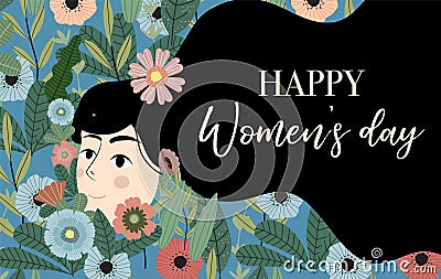 Black green blue International Women`s Day with women,flower and leaf Vector Illustration