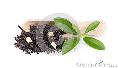 Black and green Ceylon tea with apple and bergamot, isolated on white background. Stock Photo